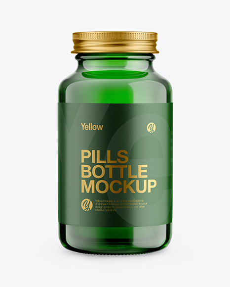 Green Glass Pills Bottle Mockup - Front View