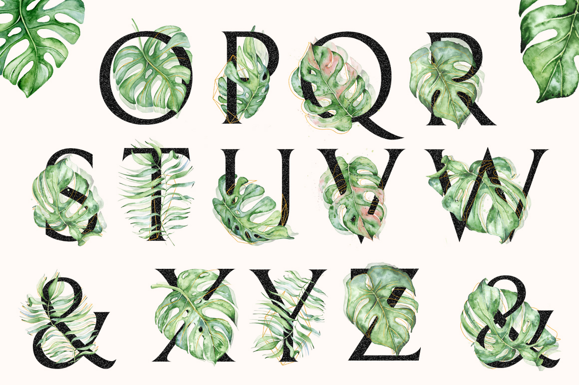 Monstera Watercolor Black Alphabet