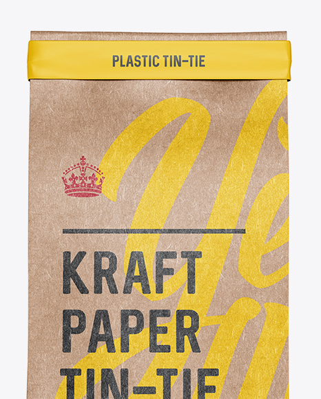 Kraft Paper Bag w/ a Plastic Tin-Tie Mockup - Front View