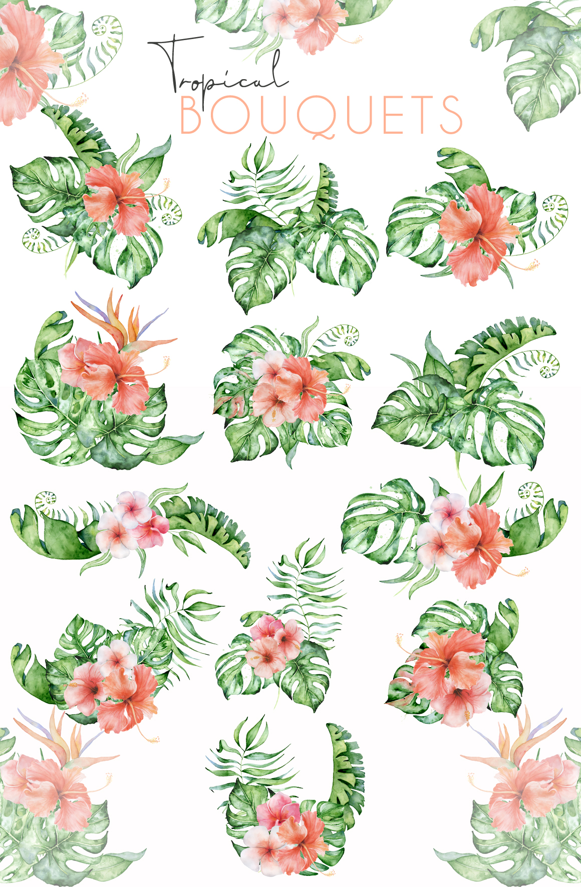 18 Tropical bouquets watercolor