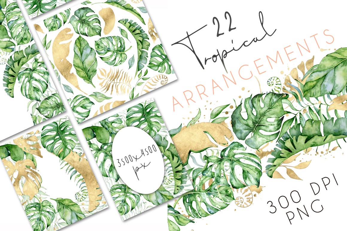 22 Tropical Arrangements watercolor jungle clipart