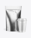 Metallic Pouch w/ Coffee Cup Mockup Metallic Pouch w/ Coffee Cup Mockup