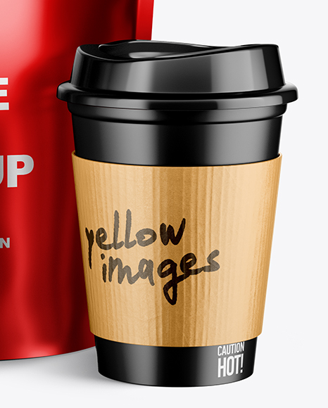 Metallic Pouch w/ Coffee Cup Mockup Metallic Pouch w/ Coffee Cup Mockup