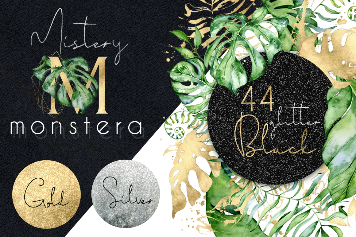 44 Tropical watercolor Frames - Gold, Silver, Black glitter 44 Tropical watercolor Frames - Gold, Silver, Black glitter