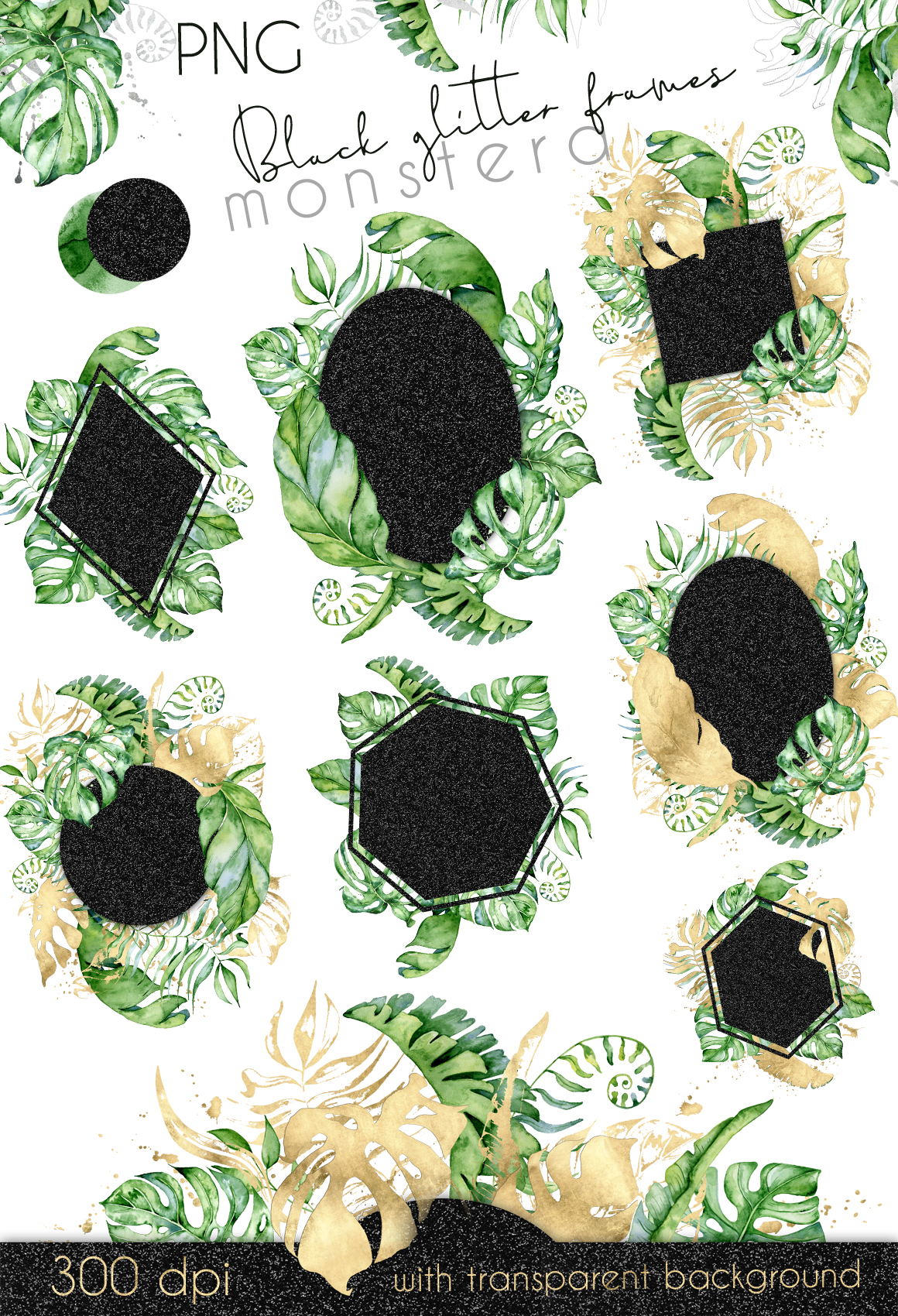 44 Tropical watercolor Frames - Gold, Silver, Black glitter