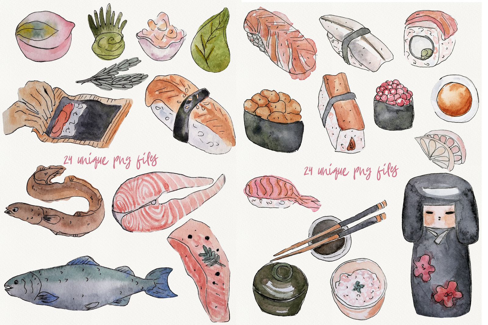 Watercolor sushi set of beautiful tasty japanese sushi illustration. Hand drawn objects Watercolor sushi set of beautiful tasty japanese sushi illustration. Hand drawn objects