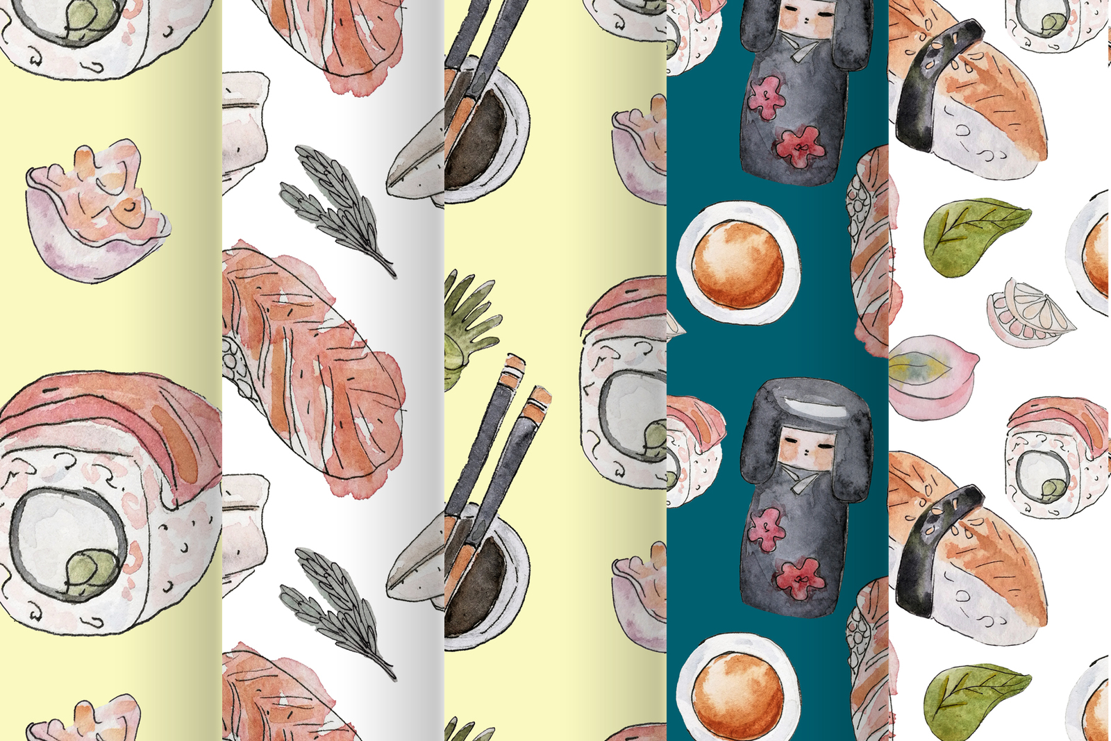 Watercolor sushi set of beautiful tasty japanese sushi illustration. Hand drawn objects Watercolor sushi set of beautiful tasty japanese sushi illustration. Hand drawn objects