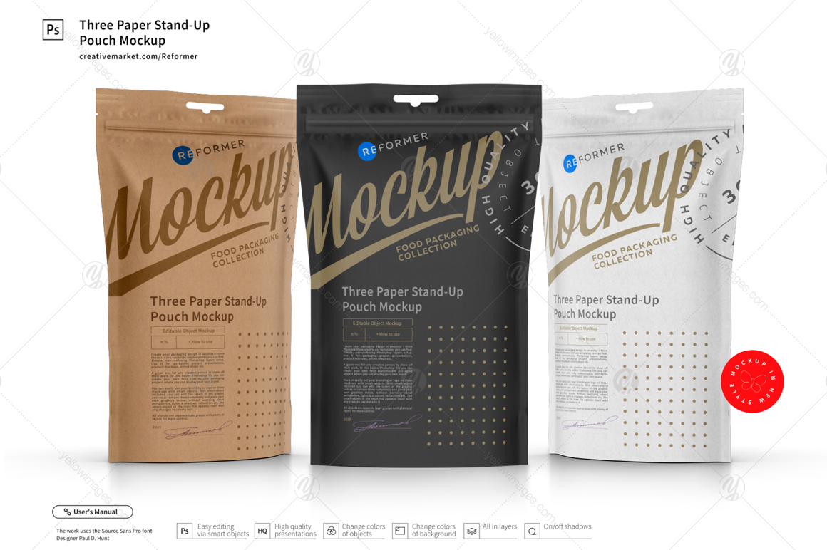 Three Paper Doy-Pack Pouch Mockup Three Paper Doy-Pack Pouch Mockup