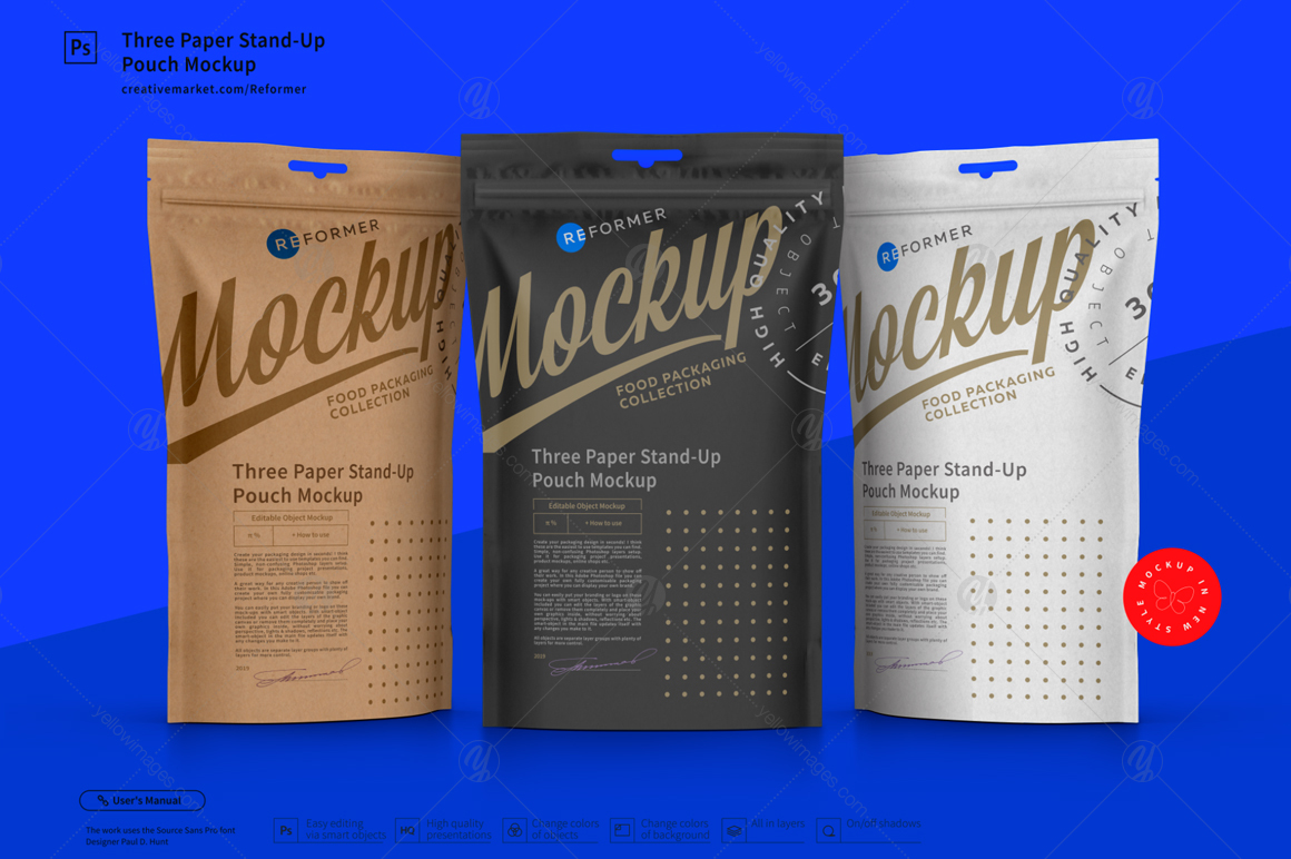 Three Paper Doy-Pack Pouch Mockup Three Paper Doy-Pack Pouch Mockup