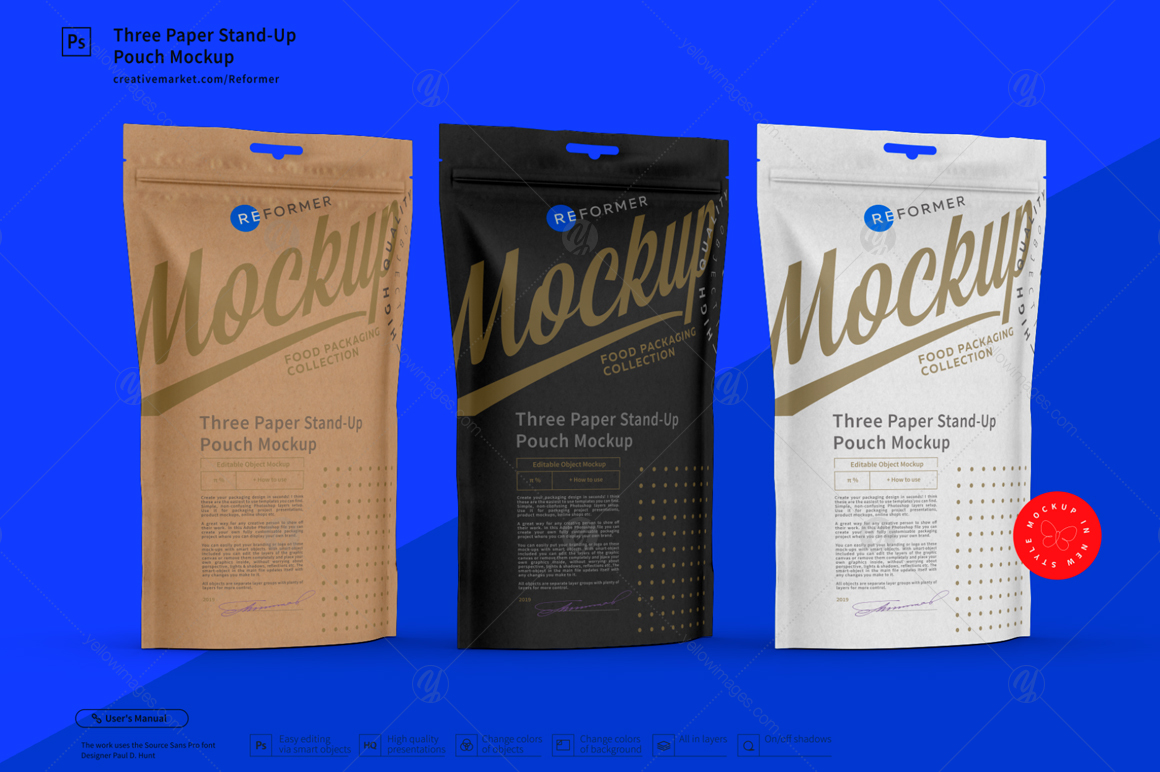 Three Paper Stand-Up Pouch Mockup Three Paper Stand-Up Pouch Mockup
