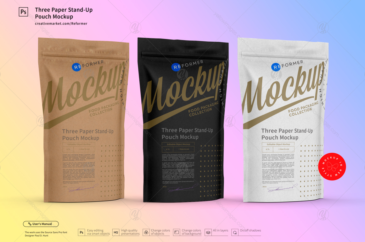 Three Paper Stand-Up Pouch Mockup Three Paper Stand-Up Pouch Mockup