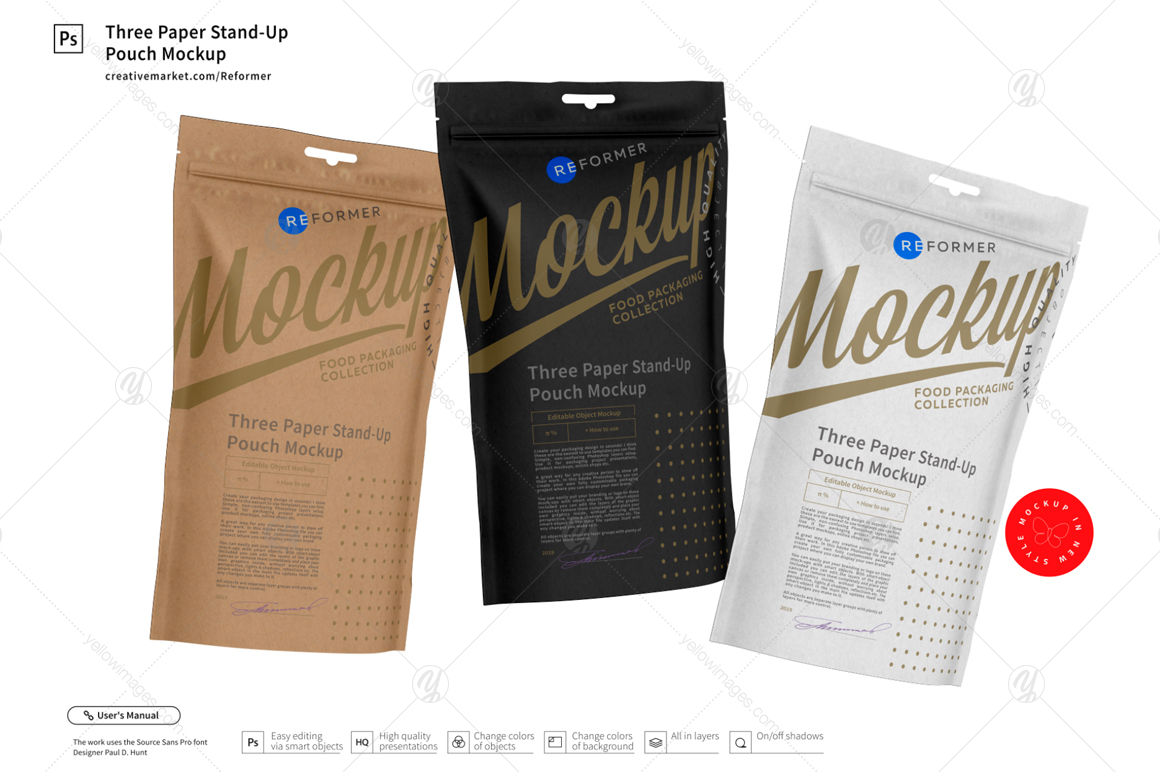 Three Paper Stand-Up Pouch Mockup Three Paper Stand-Up Pouch Mockup
