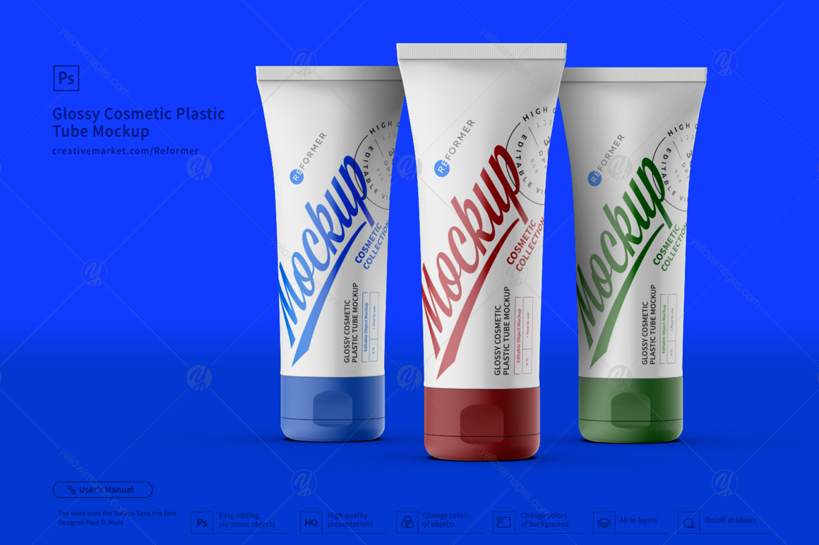 3 Glossy Cosmetic Plastic Tube Mockup 3 Glossy Cosmetic Plastic Tube Mockup