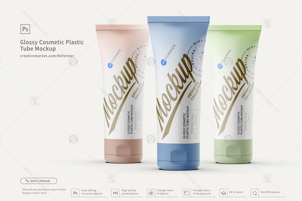 3 Glossy Cosmetic Plastic Tube Mockup