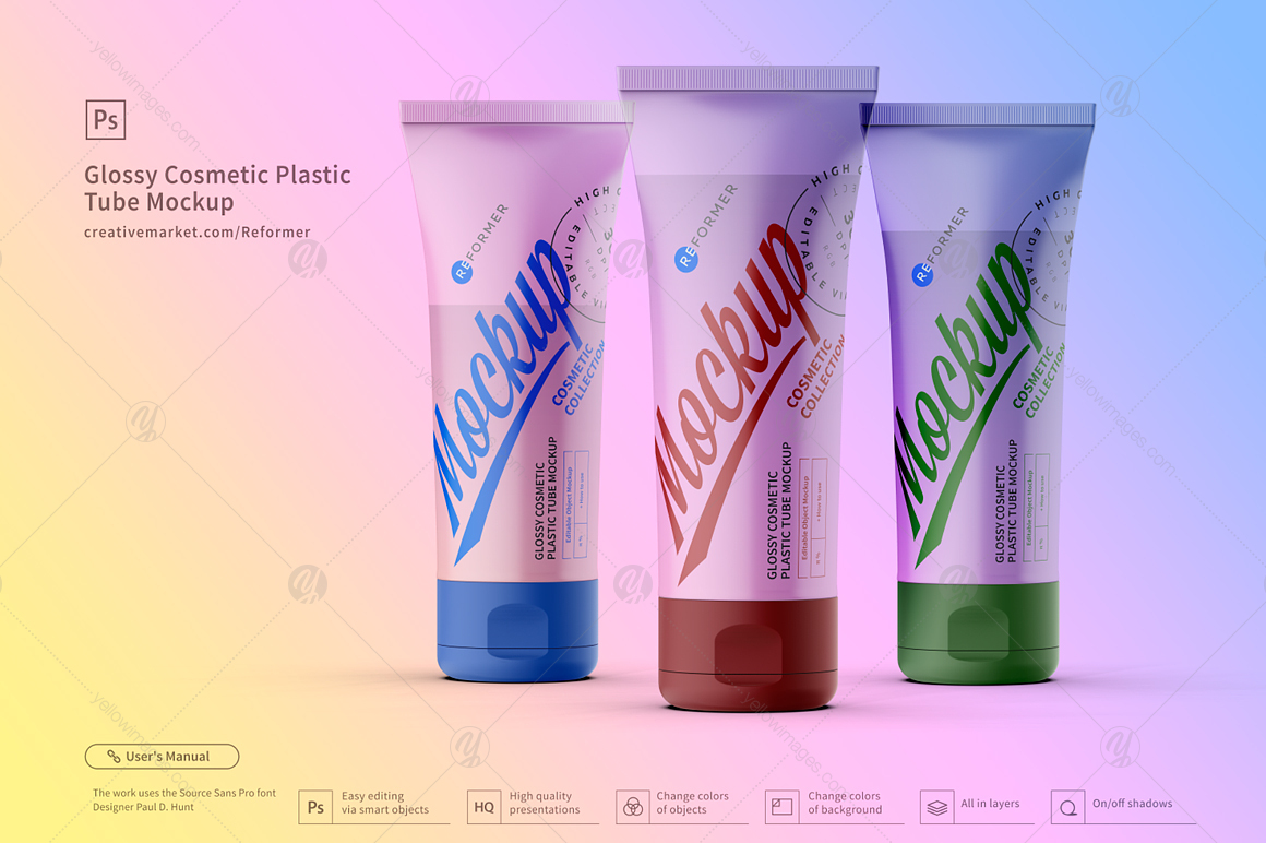 3 Glossy Cosmetic Plastic Tube Mockup