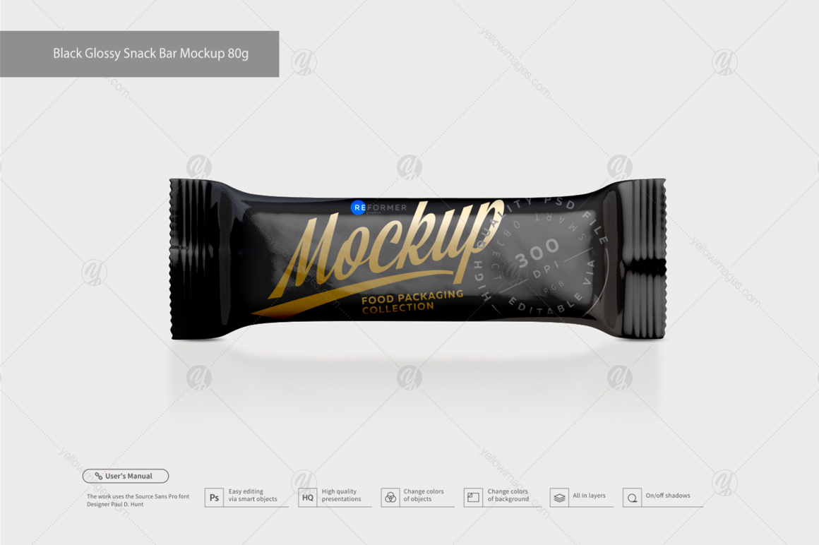 Black Glossy Snack Bar Mockup 80g