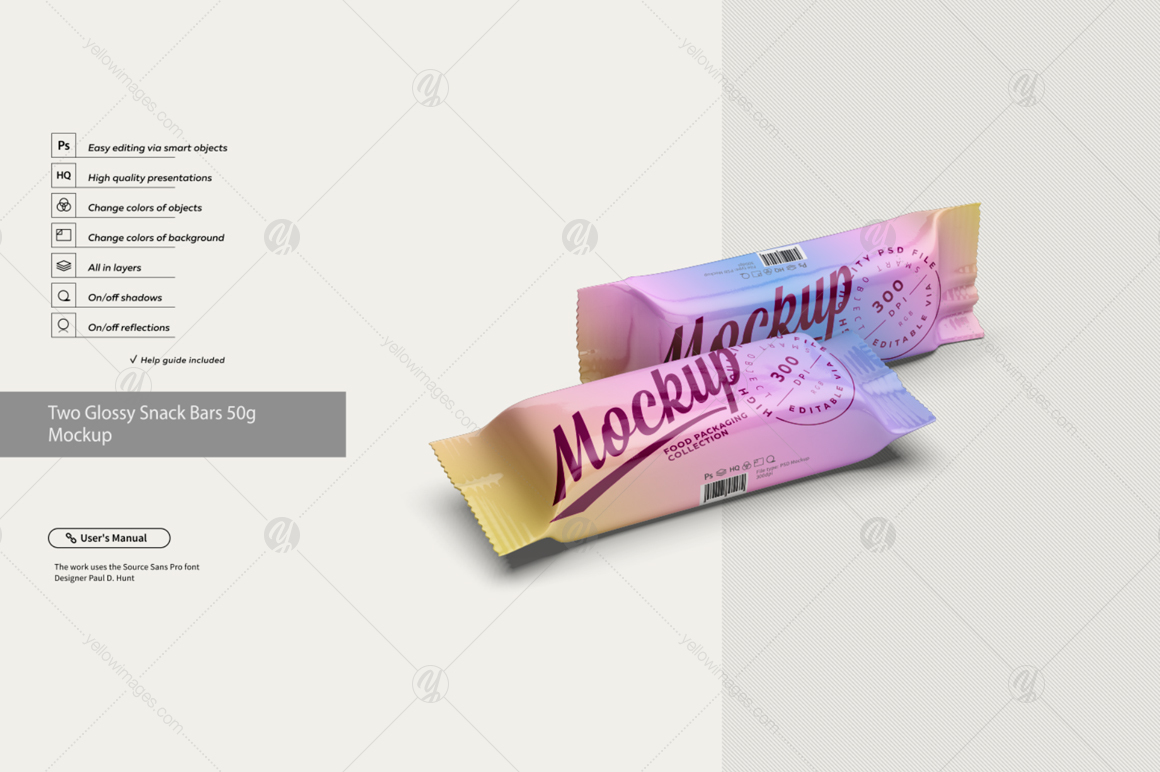 Two Glossy Snack Bars 50g Mockup Two Glossy Snack Bars 50g Mockup