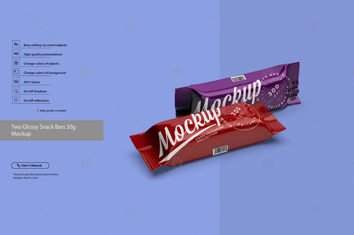 Two Glossy Snack Bars 50g Mockup Two Glossy Snack Bars 50g Mockup