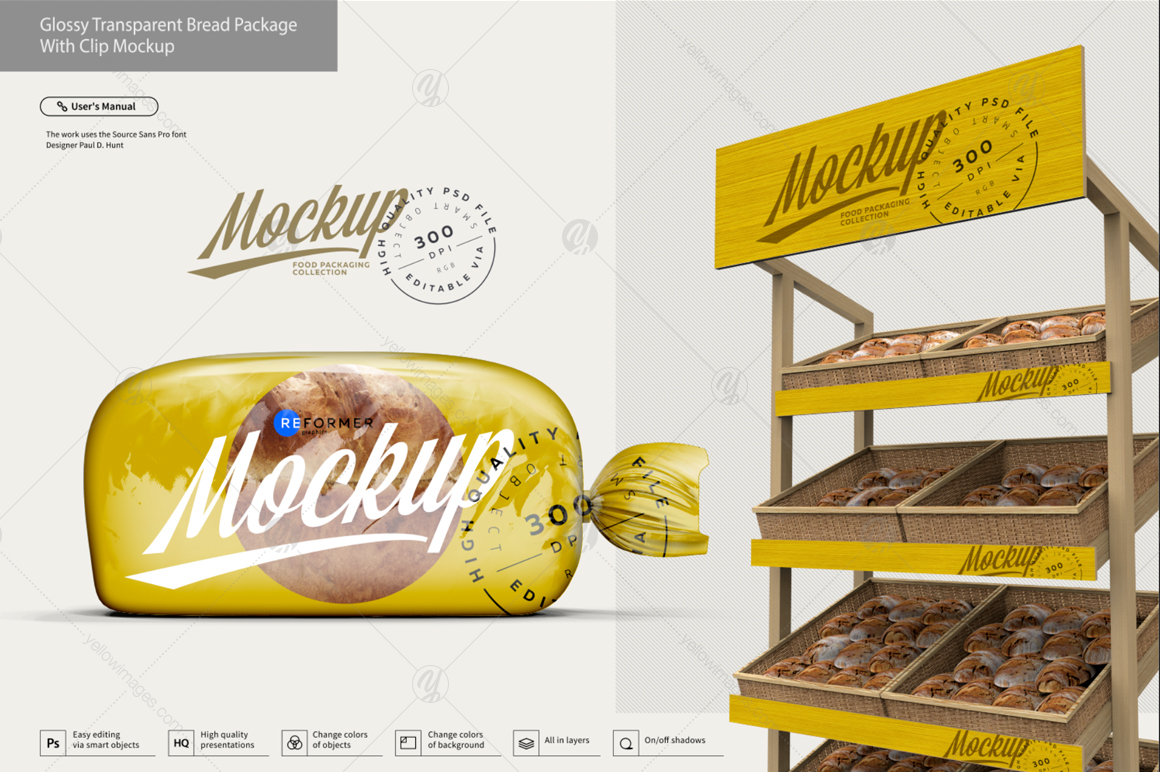 Glossy Transparent Bread Package with Clip Mockup Glossy Transparent Bread Package with Clip Mockup