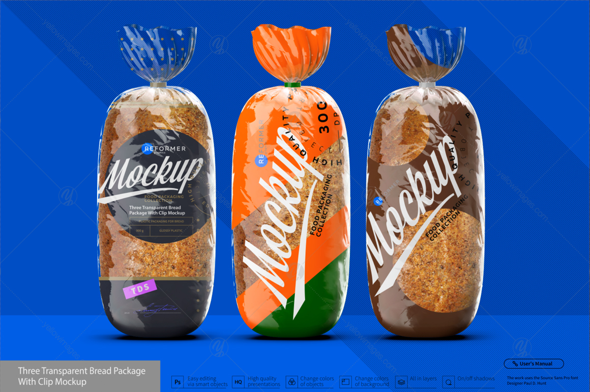 Three Transparent Bread Package with Clip Mockup