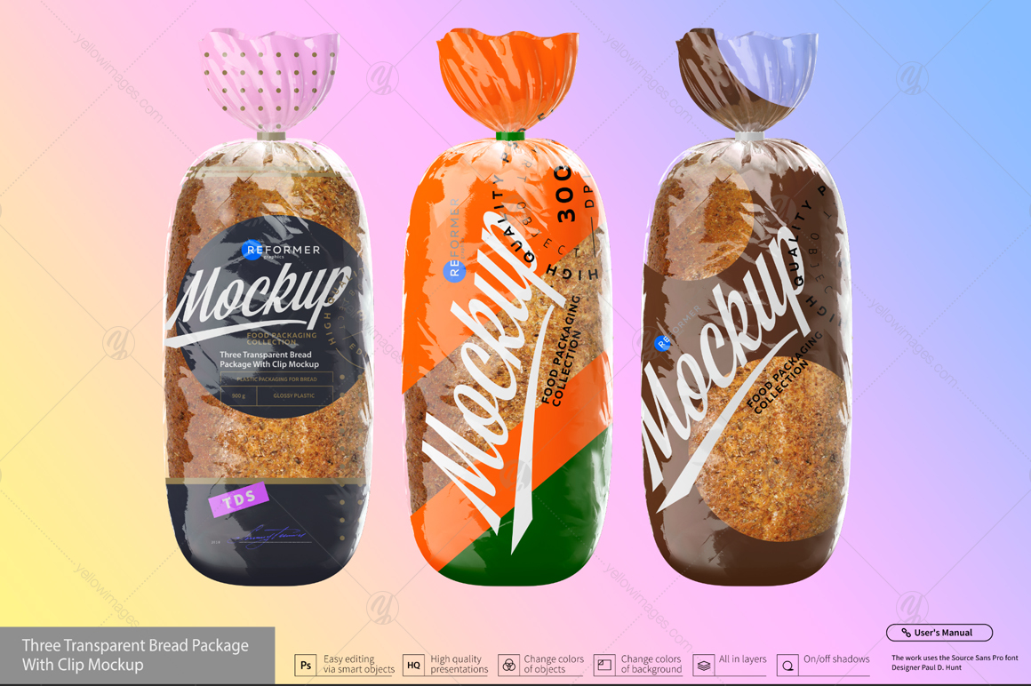 Three Transparent Bread Package with Clip Mockup Three Transparent Bread Package with Clip Mockup