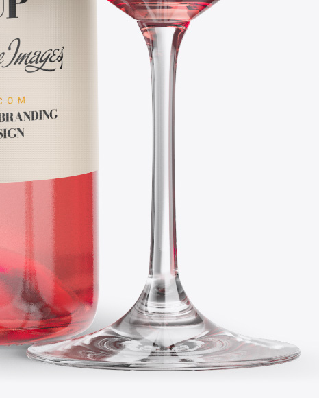 Clear Pink Wine Bottle w/ Glass Mockup