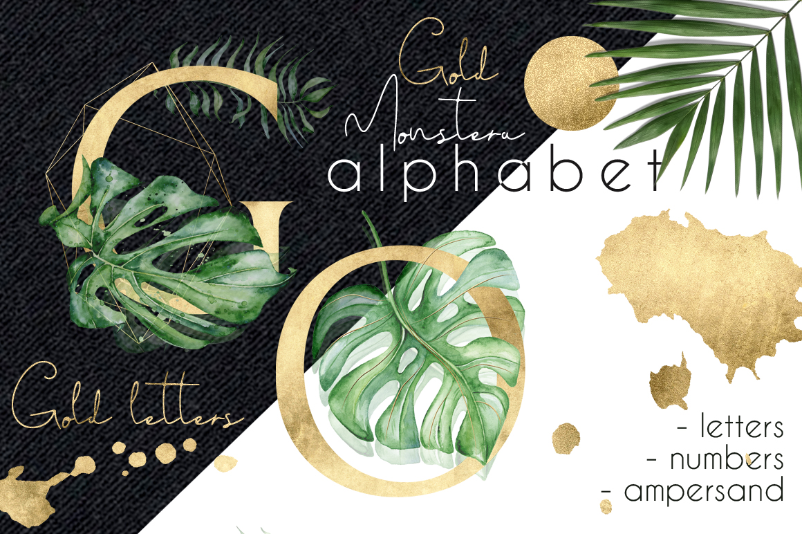 Gold Monstera - tropical leaves alphabet