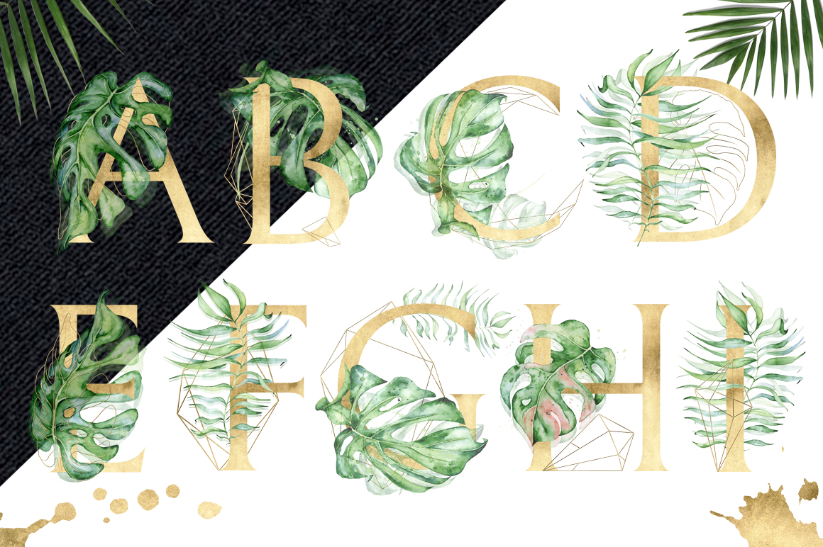 Gold Monstera - tropical leaves alphabet