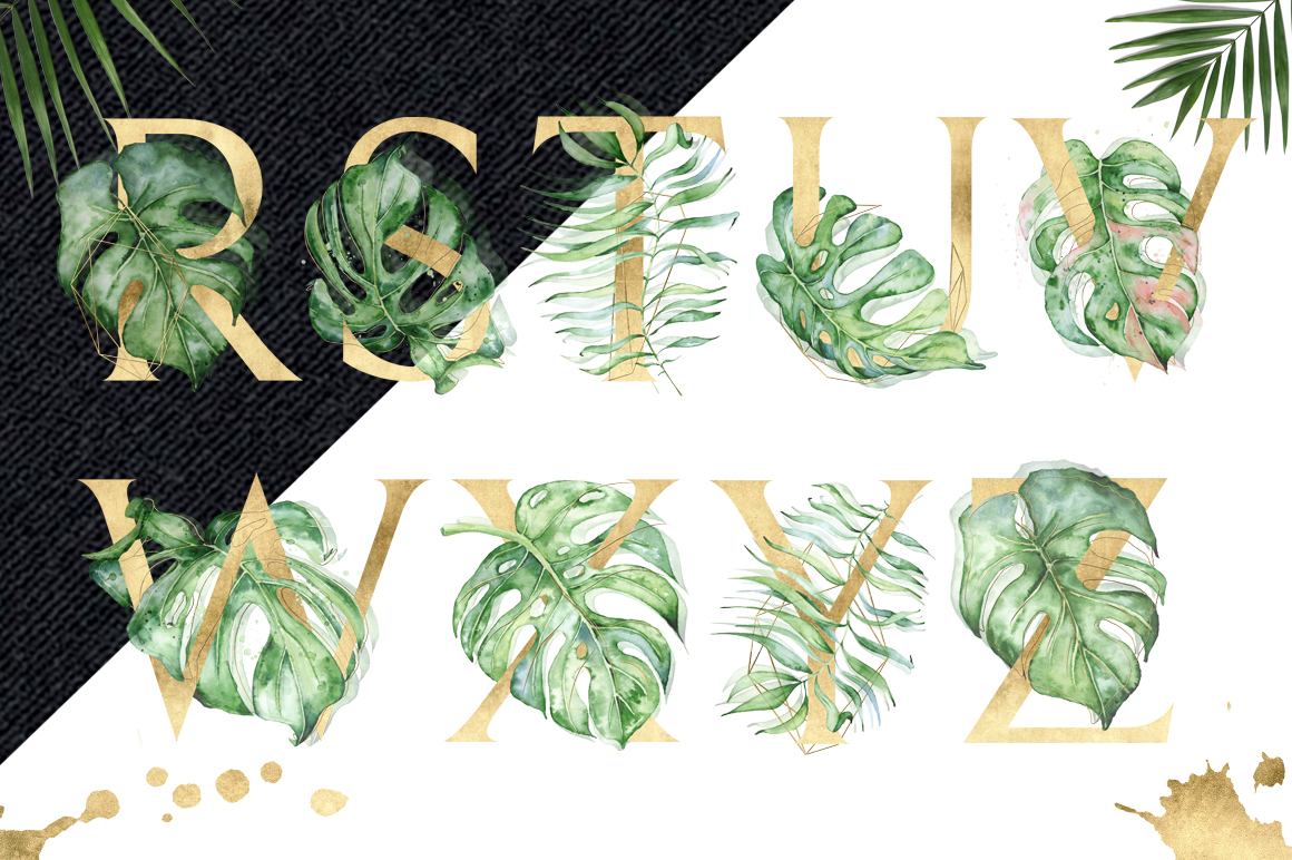 Gold Monstera - tropical leaves alphabet