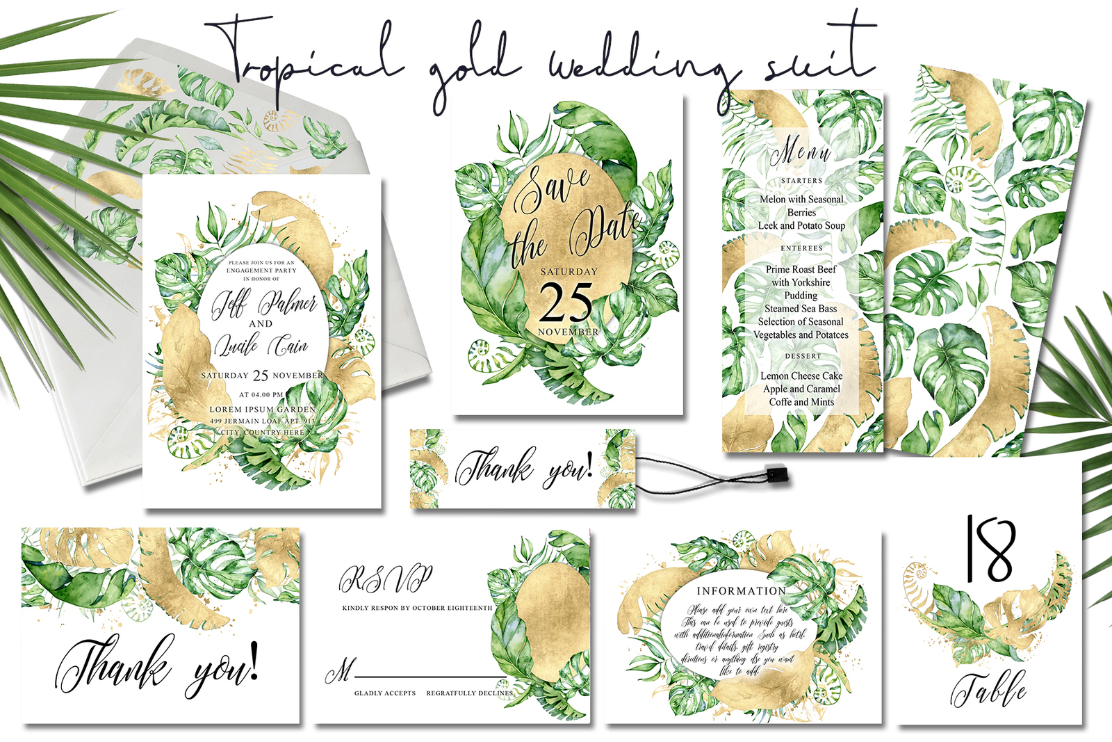 Tropical gold wedding invitation suit