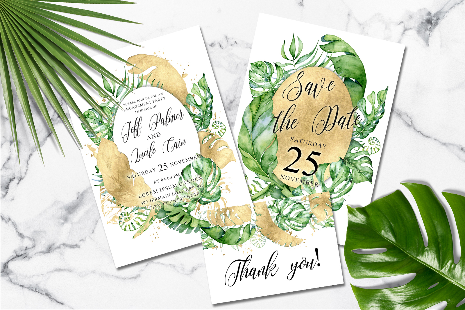 Tropical gold wedding invitation suit