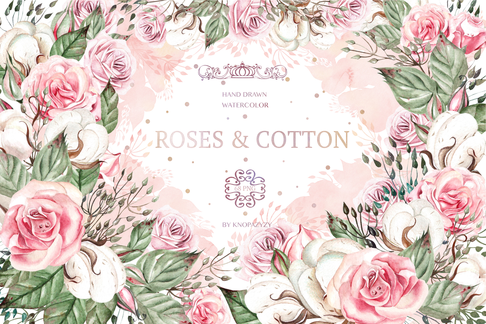 Watercolor ROSES & COTTON Watercolor ROSES & COTTON