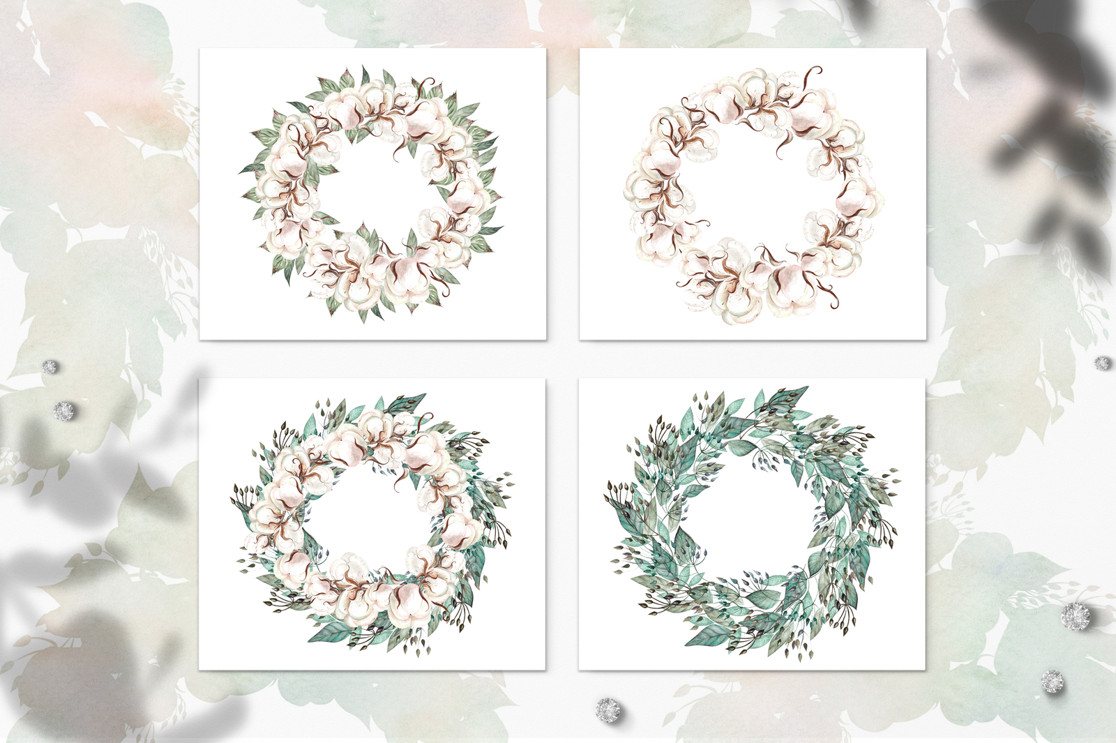 Watercolor ROSES & COTTON Watercolor ROSES & COTTON