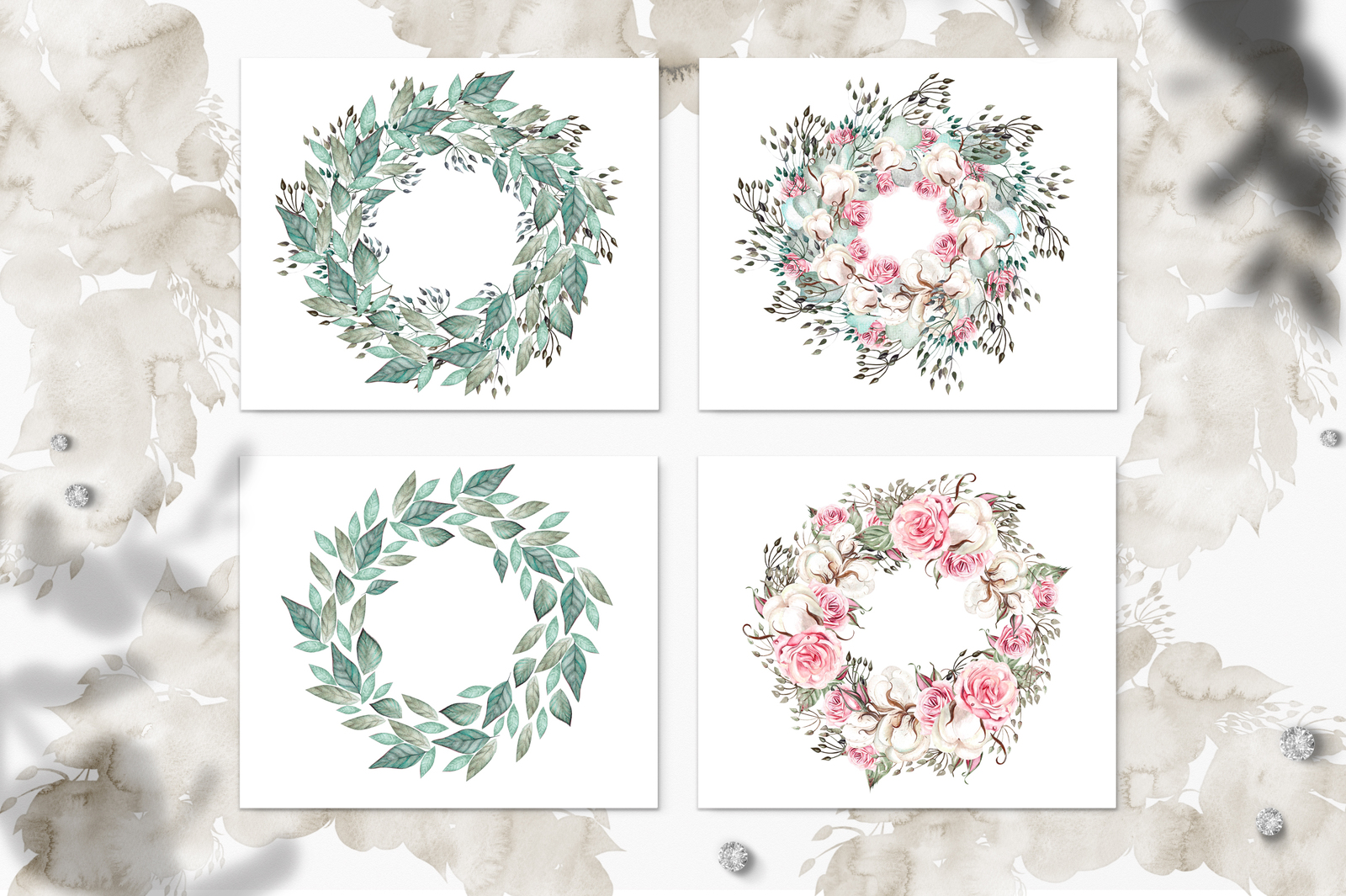 Watercolor ROSES & COTTON Watercolor ROSES & COTTON