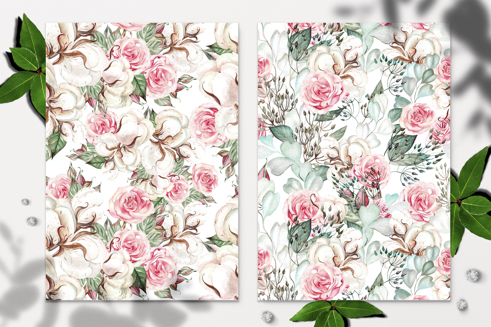 Watercolor ROSES & COTTON Watercolor ROSES & COTTON