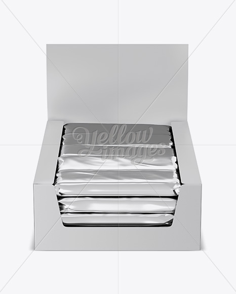 20 Metallic Snack Bars Display Box Mockup - Front View (High-Angle Shot)