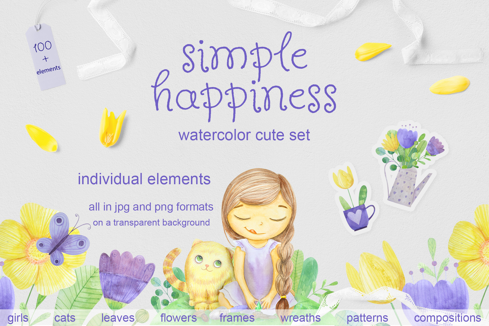 Simple happines. Set of watercolor flowers, leaves, cat and girl Simple happines. Set of watercolor flowers, leaves, cat and girl