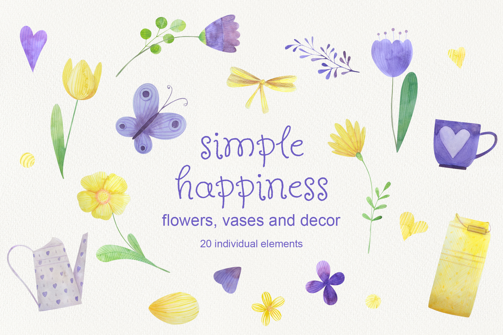 Simple happines. Set of watercolor flowers, leaves, cat and girl Simple happines. Set of watercolor flowers, leaves, cat and girl
