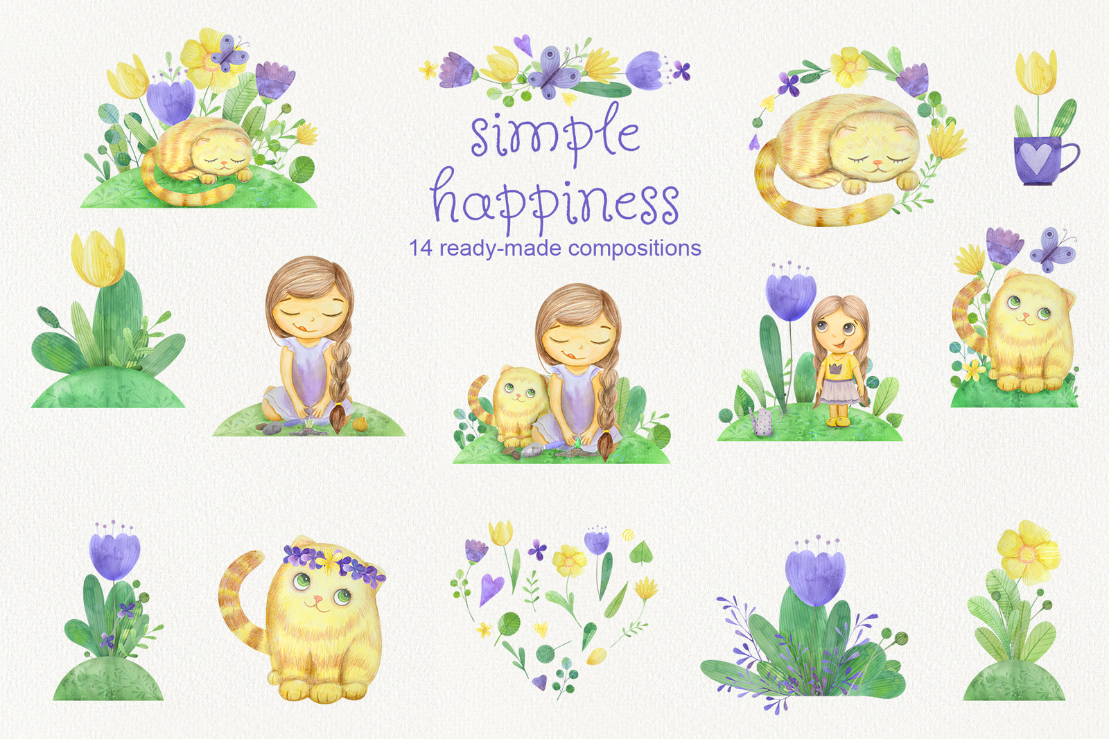 Simple happines. Set of watercolor flowers, leaves, cat and girl Simple happines. Set of watercolor flowers, leaves, cat and girl