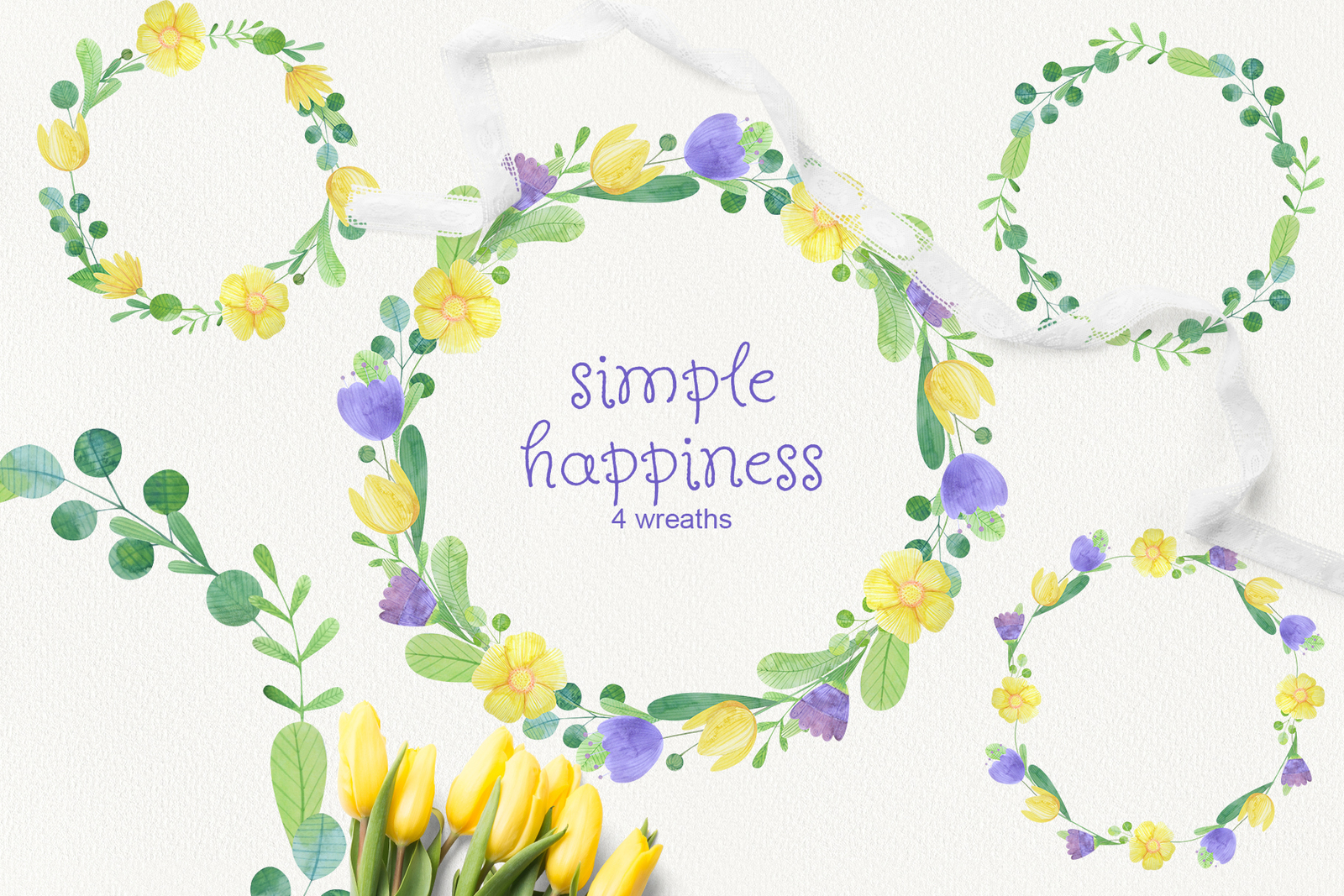 Simple happines. Set of watercolor flowers, leaves, cat and girl Simple happines. Set of watercolor flowers, leaves, cat and girl