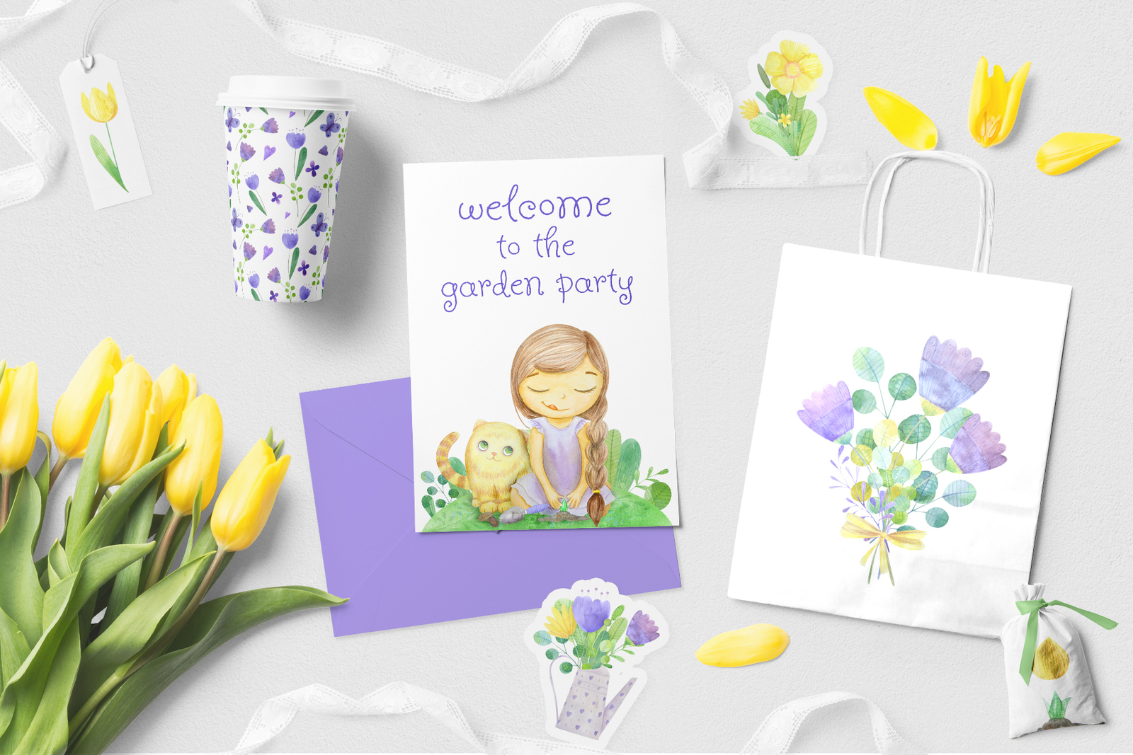 Simple happines. Set of watercolor flowers, leaves, cat and girl Simple happines. Set of watercolor flowers, leaves, cat and girl