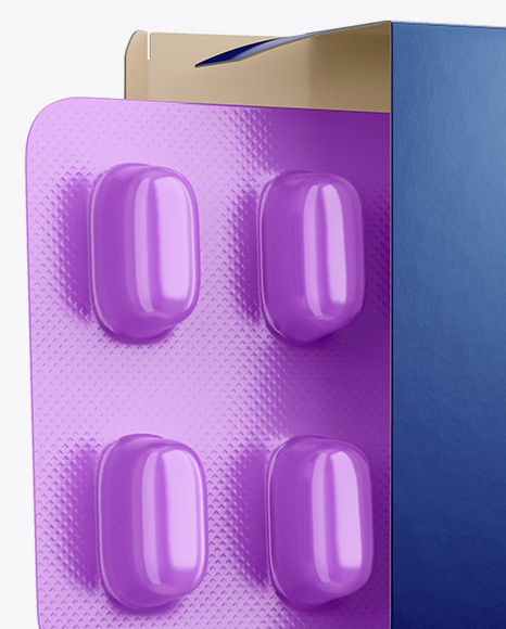 Opened Paper Box & Glossy Pills Blister Mockup - Half Side View