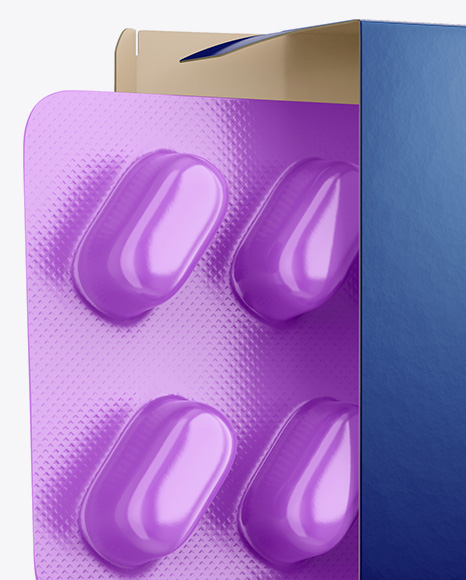 Opened Paper Box & Glossy Pills Blister Mockup - Half Side View