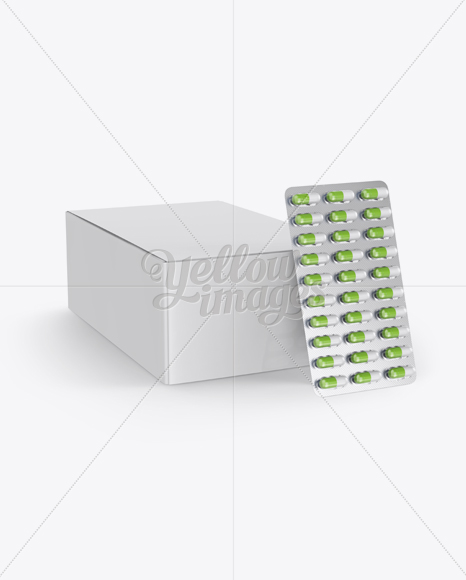 Pills Blister & Paper Box Mockup - 3/4 View (High-Angle Shot)