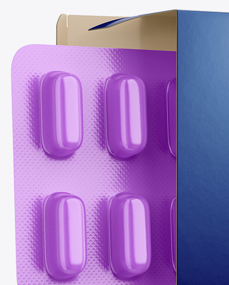 Opened Paper Box &amp; Glossy Pills Blister Mockup - Half Side View