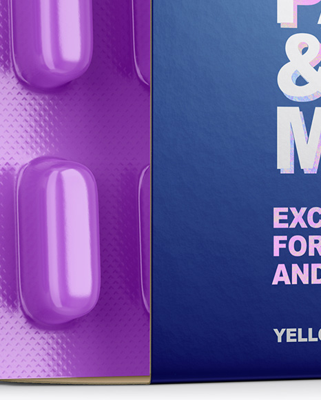 Opened Paper Box &amp; Glossy Pills Blister Mockup - Half Side View