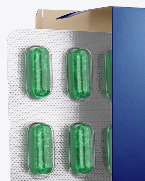 Opened Paper Box &amp; Pills Blister Mockup - Half Side View