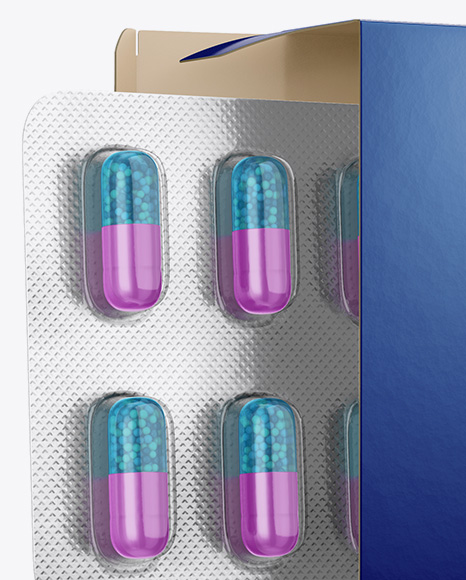 Opened Paper Box & Pills Blister Mockup - Half Side View