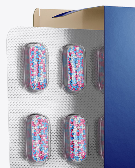 Opened Paper Box &amp; Pills Blister Mockup - Half Side View