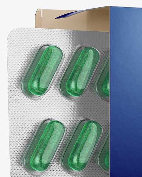 Opened Paper Box & Frosted Pills Blister Mockup - Half Side View